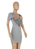 Women Summer Grey Casual V-neck Short Sleeves Printed Hollow Out Mini Sheath Shirt Dress