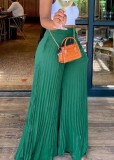 Women Summer Green Wide Leg Pants High Waist Elastic Waist Solid Pockets Full Length Loose Pants