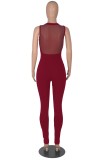 Women Summer Red Modest V-neck Sleeveless Patchwork Zippers Full Length Skinny Jumpsuit