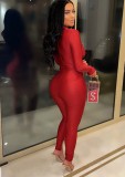 Women Summer Red Sexy O-Neck Full Sleeves Patchwork Mesh Full Length Skinny Jumpsuit