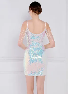 Women Summer White Modest Strap Sleeveless Patchwork Fringed Mini Straight Club Dress