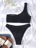 Women Black Bikini Slash Neck Solid Two Piece Swimwear