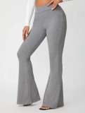 Women Autumn Grey FLARE PANTS High Waist Elastic Waist Solid Full Length Regular Pants