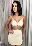 Women Summer Nude Sexy Halter Sleeveless Solid Lace Up Mini Straight Club Dress