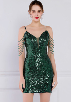 Women Summer Green Modest Strap Sleeveless Solid Sequined Mini Straight Club Dress