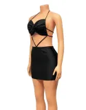 Women Summer Black Sexy Halter Sleeveless Solid Lace Up Mini Straight Club Dress