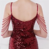 Women Summer Red Modest Strap Sleeveless Solid Sequined Mini Straight Club Dress