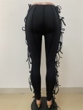Women Spring Black Straight High Waist Elastic Waist Solid Lace Up Full Length Skinny Jeans Pants