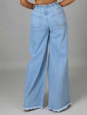 Women Autumn Blue Wide Leg Pants High Waist Elastic Waist Solid Hollow Out Full Length Loose Jeans Pants