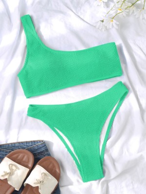 Women Green Bikini Slash Neck Solid Two Piece Swimwear