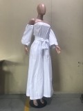 Women Summer White Casual Strapless Three Quarter Sleeves Solid Belted Full Length Loose Jumpsuit