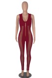 Women Summer Red Modest V-neck Sleeveless Patchwork Zippers Full Length Skinny Jumpsuit