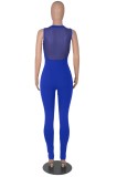 Women Summer Blue Modest V-neck Sleeveless Patchwork Zippers Full Length Skinny Jumpsuit