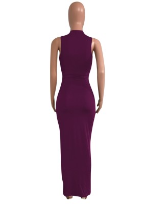 Women Summer Purple Modest O-Neck Sleeveless Patchwork Hollow Out Maxi Dress