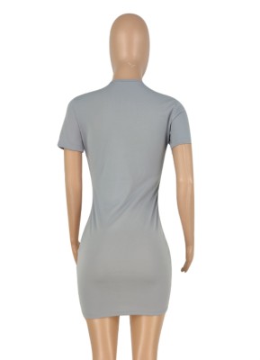 Women Summer Grey Casual V-neck Short Sleeves Printed Hollow Out Mini Sheath Shirt Dress