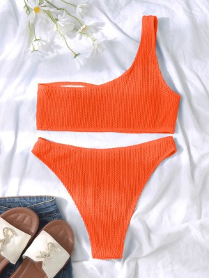 Women Orange Bikini Slash Neck Solid Two Piece Swimwear