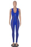 Women Summer Blue Modest V-neck Sleeveless Patchwork Zippers Full Length Skinny Jumpsuit