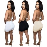 Women Summer Nude Sexy Halter Sleeveless Solid Lace Up Mini Straight Club Dress