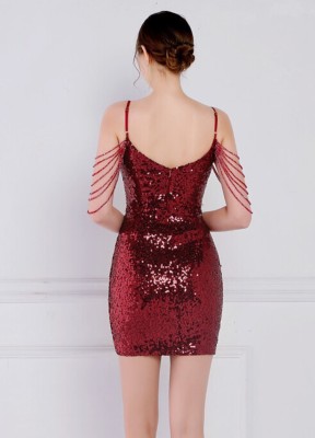 Women Summer Red Modest Strap Sleeveless Solid Sequined Mini Straight Club Dress