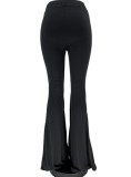 Women Autumn Black FLARE PANTS High Waist Elastic Waist Solid Full Length Regular Pants