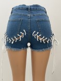Women Summer Blue Straight High Waist Zipper Fly Solid Lace Up Short Jeans Shorts