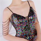 Women Summer Multi-Color Modest Strap Sleeveless Patchwork Sequined Mini Straight Club Dress
