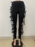 Women Spring Black Straight High Waist Elastic Waist Solid Lace Up Full Length Skinny Jeans Pants