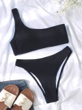 Women Black Bikini Slash Neck Solid Two Piece Swimwear