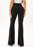 Women Autumn Black FLARE PANTS High Waist Elastic Waist Solid Full Length Regular Pants