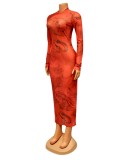Women Summer Red Modest O-Neck Full Sleeves Printed Midi Bodycon Dress