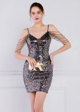 Women Summer Multi-Color Modest Strap Sleeveless Patchwork Sequined Mini Straight Club Dress