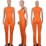 Women Summer Orange Casual O-Neck Sleeveless Solid Tassel Full Length Regular Jumpsuit