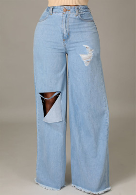 Women Autumn Blue Wide Leg Pants High Waist Elastic Waist Solid Hollow Out Full Length Loose Jeans Pants