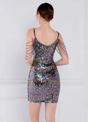 Women Summer Multi-Color Modest Strap Sleeveless Patchwork Sequined Mini Straight Club Dress