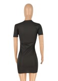 Women Summer Black Casual V-neck Short Sleeves Printed Hollow Out Mini Sheath Shirt Dress