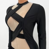 Women Summer Black Sexy O-Neck Full Sleeves Patchwork Mesh Full Length Skinny Jumpsuit