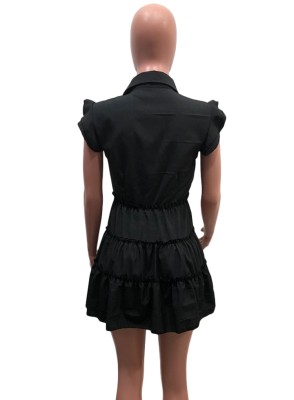 Women Summer Black Sweet Turn-down Collar Short Sleeves Solid Cascading Ruffle Mini Skater Dress