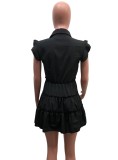 Women Summer Black Sweet Turn-down Collar Short Sleeves Solid Cascading Ruffle Mini Skater Dress