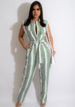 Women Summer Green Casual Turn-down Collar Short Sleeves Striped Print Belted Full Length Regular Jumpsuit