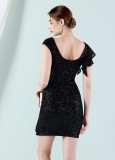 Women Summer Black Modest O-Neck Short Sleeves Solid Sequined Mini Pencil Club Dress