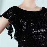 Women Summer Black Modest O-Neck Short Sleeves Solid Sequined Mini Pencil Club Dress