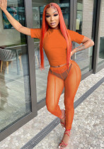Women Summer Orange Sexy O-Neck Short Sleeves High Waist Solid Mesh Skinny Two Piece Pants Set