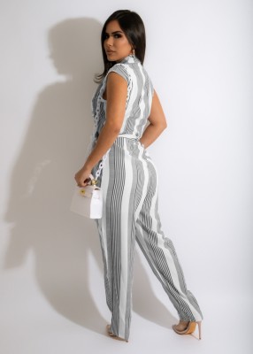 Women Summer Grey Casual Turn-down Collar Short Sleeves Striped Print Belted Full Length Regular Jumpsuit