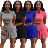 Women Summer Grey Casual Turn-down Collar Short Sleeves High Waist Solid Button Regular MiniTwo Piece Skirt Set