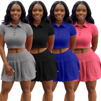 Women Summer Black Casual Turn-down Collar Short Sleeves High Waist Solid Button Regular MiniTwo Piece Skirt Set