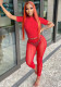 Women Summer Red Sexy O-Neck Short Sleeves High Waist Solid Mesh Skinny Two Piece Pants Set