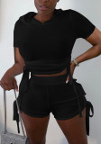Women Summer Black Hooded Short Sleeves High Waist Solid Tight Short Sweatsuit