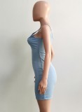 Women Summer Blue Casual Strap Sleeveless Solid color Mini Bodycon Dress