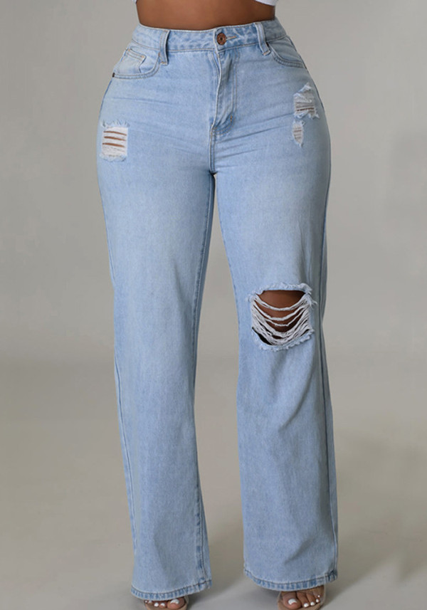 Women Summer Blue Straight High Waist Zipper Fly Solid Hollow Out Full Length Regular Jeans Pants