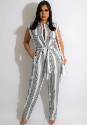 Women Summer Grey Casual Turn-down Collar Short Sleeves Striped Print Belted Full Length Regular Jumpsuit